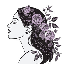 Elegant Woman Silhouette with Floral Hair – Vector Illustration