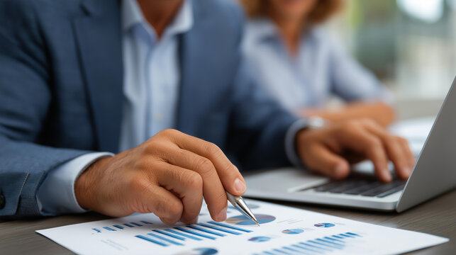 High angle view of businessman analyzing detailed financial report with female colleague using laptop and documents in business meeting | financial analysis business meeting coll - Powered by Adobe