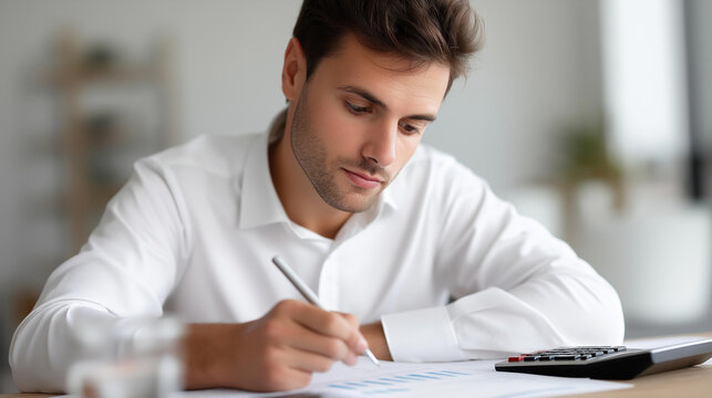 Focused young businessman auditing revenue report and planning budget while working at desk in office | financial audit budget planning revenue analysis office work financial