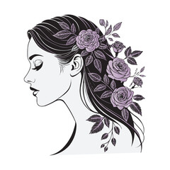 Elegant Woman Silhouette with Floral Hair – Vector Illustration