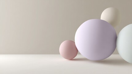 Large soft gradient spheres casting subtle shadows on neutral background, minimal futuristic design