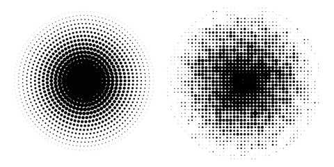 Halftone circle dotted frame circularly distributed set. Abstract dots logo emblem design element. Round border Icon using random halftone circle dot texture.