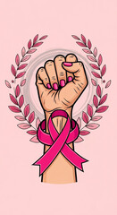 Woman's clenched fist with pink ribbon for World Breast Cancer Day. An encouraging and powerful graphic illustration. Symbol of hope, awareness, support. World Breast Cancer Day