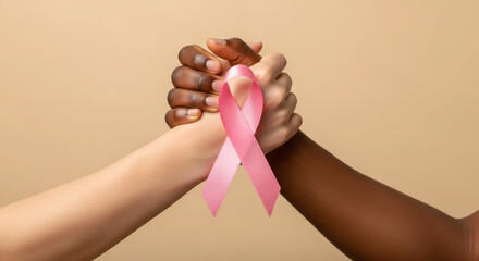 Interracial hands holding ribbon for World Breast Cancer Day. Symbol of strength, diversity, and support. Awareness, hope, medicine. World Breast Cancer Day