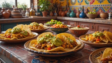 Vibrant Spread of Tacos with Fresh Ingredients and Colorful Salads on a Decorated Dining Table