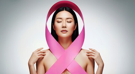 Asian woman with pink ribbon. Serene beauty promoting breast cancer awareness. Hope and strength, feminine health, medical support. World Breast Cancer Day