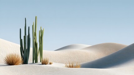 Desert Landscape with Cactus and Sand Dunes Under a Clear Blue Sky