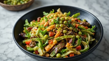 Healthy Colorful Vegetable Salad with Peas and Sesame Garnish in a Black Bowl on Marble Surface