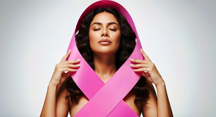 Woman supporting breast cancer awareness with pink ribbon. Calm portrait of hope and healing. Support campaign, oncology symbol, health. World Breast Cancer Day