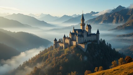 Majestic Medieval Castle on a Hill Surrounded by Misty Mountains at Sunrise