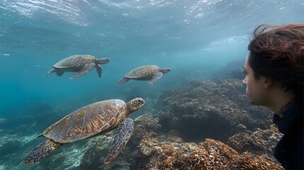 Diver Observing Three Majestic Sea Turtles Swimming Gracefully in Clear Tropical Waters