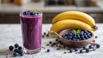 Fresh Blueberry Banana Smoothie with Fruits on Kitchen Countertop for Healthy Lifestyle