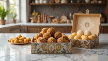 Assorted Indian Sweets in Decorative Box and Plate on Marble Countertop in Cozy Kitchen