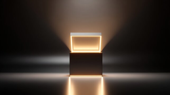 Minimal glowing box with open lid radiating golden light on a smooth abstract surface, futuristic product showcase with empty space