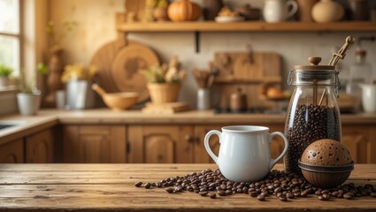 Cozy Rustic Kitchen Scene Featuring Fresh Coffee Beans and a White Cup on a Wooden Table
