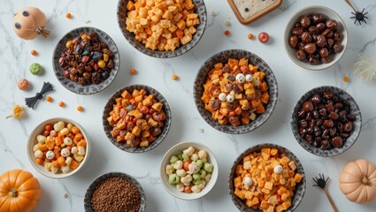 Assorted Popcorn Varieties in Bowls Decorated for a Halloween Celebration on Marble Surface