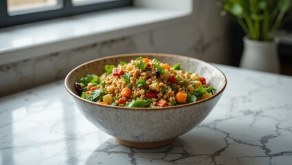 Colorful Quinoa Salad with Fresh Vegetables in a Bowl on a Marble Tabletop in a Modern Kitchen