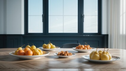 Assorted Fresh Fruits Displayed on Elegant Plates on a Wooden Table with Natural Light
