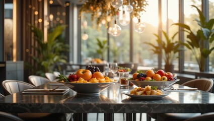 Modern Restaurant Interior Featuring Plates of Fresh Fruits and Elegant Table Setting at Sunset