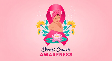 Woman embraces herself near the breast cancer ribbon and flowers. Illustration of compassion and care. Hope, survival, support. World Breast Cancer Day
