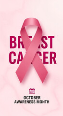Pink ribbon for breast cancer awareness on light background. An encouraging message. October awareness month, healthcare promotion. World Breast Cancer Day