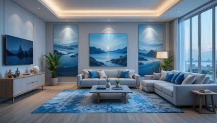 Modern Living Room Interior Design Featuring Blue Artwork and Spacious Layout with Natural Light