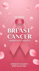Pink ribbon on pink background for Breast Cancer Awareness Month. A hope illustration for support and solidarity. Strength in unity, early detection, hope. World Breast Cancer Day