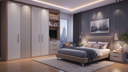Modern Bedroom Interior Design with Cozy Atmosphere and Cityscape View through Window