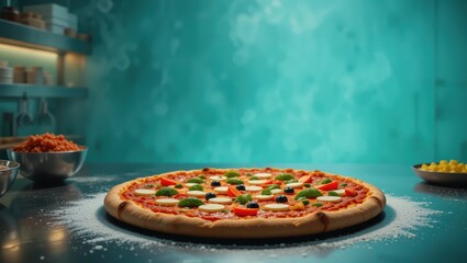 Delicious Freshly Made Pizza With Colorful Vegetables On A Rustic Kitchen Table