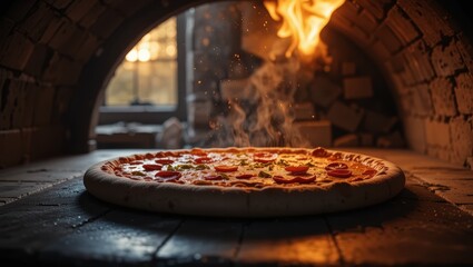 Freshly Baked Pizza with Melting Cheese and Tomato in Traditional Brick Oven with Flames