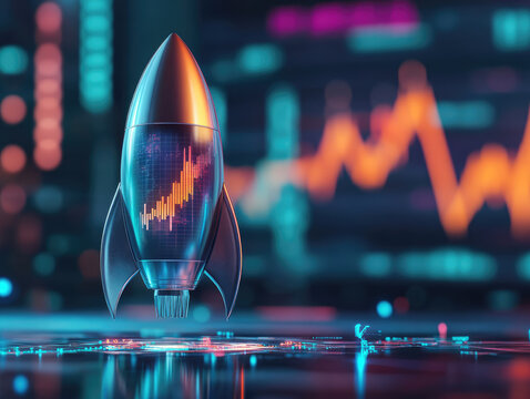 futuristic rocket model stands prominently against backdrop of digital graphs and data, symbolizing innovation and progress in technology and finance - Powered by Adobe