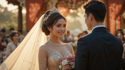 Beautiful Bride Smiling at Groom During Romantic Sunset Wedding Ceremony with Guests in Background