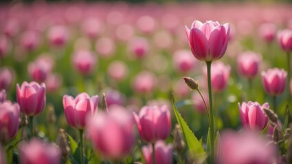 Beautiful Pink Tulips Blooming in a Lush Field Under Soft Morning Light in Spring