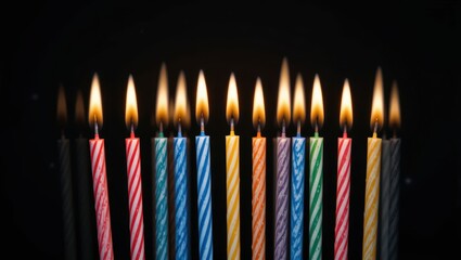 Colorful Burning Candles Arranged in a Row Creating a Festive Atmosphere on a Dark Background
