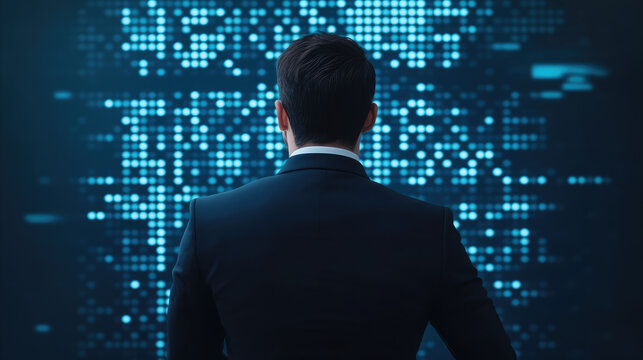 man in suit stands with his back to digital display, contemplating data and technology. blue tones create modern and professional , emphasizing innovation and analysis - Powered by Adobe
