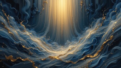 Ethereal Abstract Waves with Golden Glow and Serene Light Cascading Down in a Mystical Atmosphere