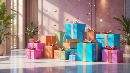 Colorful Assortment of Wrapped Gifts with Ribbons and Bows in a Bright Elegant Indoor Setting