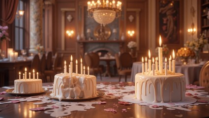 Elegant Cakes with Dripping Frosting and Lit Candles in a Beautifully Decorated Event Space