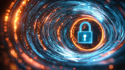 Digital lock icon surrounded by swirling blue and orange lights, symbolizing security and technology. This conveys sense of protection and innovation in digital realm