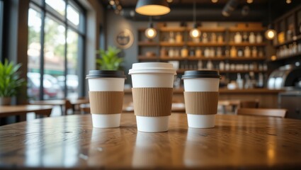 Three Coffee Cups on a Wooden Table in a Cozy Cafe with Warm Lighting and Lush Greenery