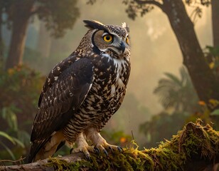 Owl perched on branch in misty forest