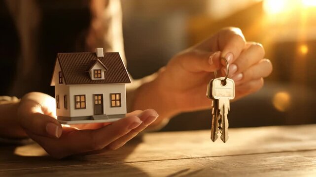 Person holds house model and keys in warm light setting, symbolizing ownership and new beginnings. Cozy wooden table enhances atmosphere. Concept of real estate, home buying, property investment