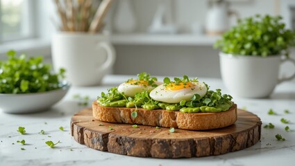 Delicious Avocado Toast with Poached Eggs and Fresh Herbs Served on a Wooden Platter