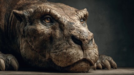 Ancient reptilian predator with textured skin resting in dark environment