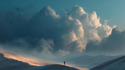 Contemplative figure under majestic skies in surreal landscape panorama