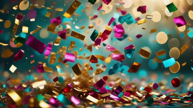 Abstract festive background with glitter, confetti, ribbons and free place for text. New Year, Christmas, birthday, holiday celebration banner ,christmas tree lights
