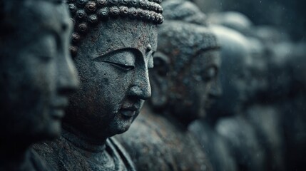 Contemplative Gaze: Row of weathered Buddha stone statues in solemn meditation