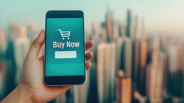 person holding smartphone displaying shopping app with Buy Now button, set against city skyline. image conveys sense of modern shopping and technology - Powered by Adobe