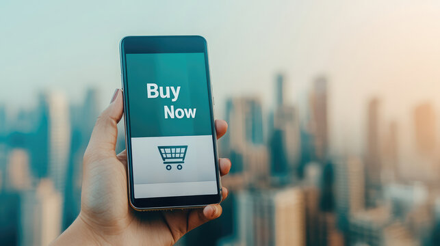 person holding smartphone displaying Buy Now button against city skyline, symbolizing online shopping and modern technology