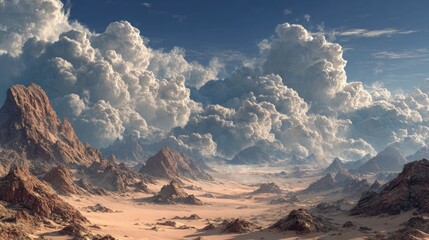 Naklejka premium Sweeping vista of a fictional desert landscape under a billowing sky